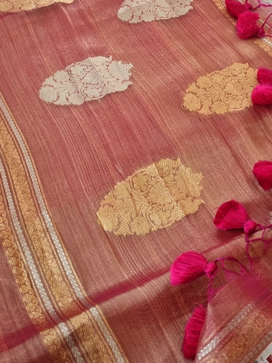 Ivory gold silk tissue pre-drape sari set main image 1