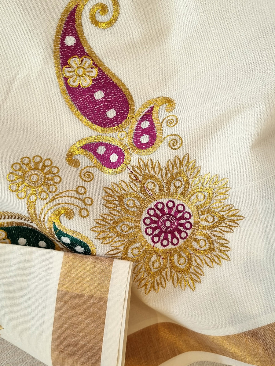 Kerala Cotton Saree with Embroidery – VALAMPURI
